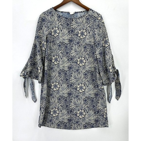 Morris & Co X H&M Dress Womens 3/4 Sleeve Tunic Floral Round Neck Blue Cream 4 - Picture 1 of 11